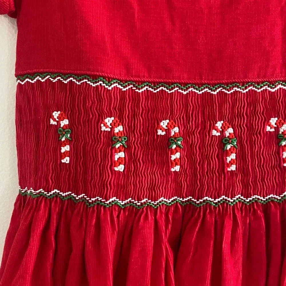 Anavini Handsmocked Girls Corduroy Christmas Candy Cane Dress with Tie Red 8